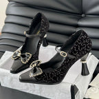 CHANEL POINTED TOE HIGH HEELS IN BLACK VELVET AND LAMBSKIN GOLD HARDWARE