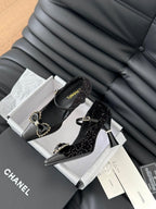 CHANEL POINTED TOE HIGH HEELS IN BLACK VELVET AND LAMBSKIN GOLD HARDWARE