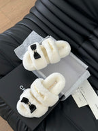 CHANEL DAD SANDAL MULE IN WHITE FLEECE WITH GOLD HARDWARE