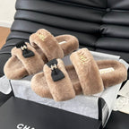 CHANEL DAD SANDAL MULE IN CAMEL BROWN FLEECE WITH GOLD HARDWARE