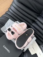 CHANEL DAD SANDAL MULE IN PASTEL PINK FLEECE WITH GOLD HARDWARE