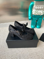 CHANEL MARY JANES SHOES IN BLACK SATIN WITH RHINESTONES