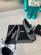 CHANEL MARY JANES SHOES IN STEEL GRAY SATIN WITH BLACK RHINESTONES