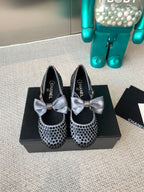 CHANEL MARY JANES SHOES IN STEEL GRAY SATIN WITH BLACK RHINESTONES