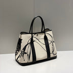 HERMES GARDEN PARTY 36 IN BEIGE AND BLACK TOILE H CANVAS BLACK CALFSKIN HORSE TACK SKETCH PRINT