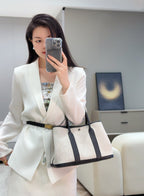HERMES GARDEN PARTY 30CM IN WHITE TOILETS COTTON CANVAS AND BLACK CALFSKIN BLUE CANVAS ON SIDE OTHER