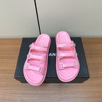 CHANEL dad sandals pink 3 rows lambskin mules