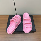 CHANEL dad sandals pink 3 rows lambskin mules