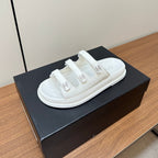 CHANEL dad sandals white 3 rows lambskin mules