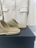 CHANEL Khaki Green Suede Gold Chain Mules