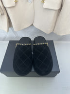 CHANEL Black Suede Gold Chain Mules