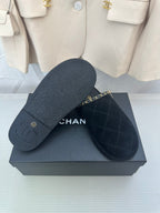 CHANEL Black Suede Gold Chain Mules