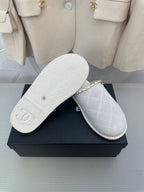 CHANEL White Suede Gold Chain Mules