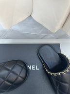 CHANEL Black Lambskin Gold Chain Mules
