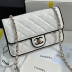 CHANEL QUILTED FLAP BAG WITH BLACK TRIM 19 IN WHITE LAMBSKIN