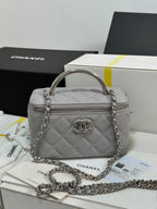 CHANEL MINI VANITY TOP HANDLE CASE 17 IN GREY CAVIAR SKIN SILVER-TONE PLATED METAL