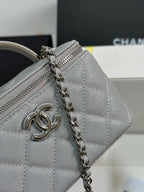 CHANEL MINI VANITY TOP HANDLE CASE 17 IN GREY CAVIAR SKIN SILVER-TONE PLATED METAL