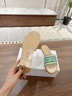 DIOR DWAY SLIDES IN BEIGE AND GREEN TECHNICAL FABRIC
