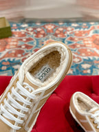 GUCCI CANVAS SNEAKER IN CAMEL BROWN DENIM WITH BEIGE FLEECE LINING