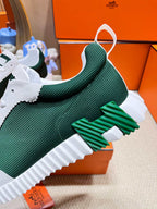 HERMES BOUNCING SNEAKER IN PALE GRAY SUEDE AND GREEN FOREST KNIT