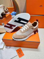 HERMES BOUNCING SNEAKER IN PEANUT BROWN SUEDE AND WHITE KNIT