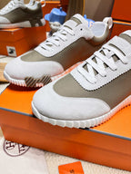 HERMES BOUNCING SNEAKER IN PALE GRAY SUEDE AND WOOD BROWN KNIT