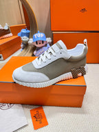 HERMES BOUNCING SNEAKER IN PALE GRAY SUEDE AND WOOD BROWN KNIT