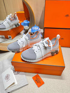 HERMES DEPART SLIP-ON SNEAKER IN WHITE MIX SHARK GRAY KNIT AND CALFSKIN