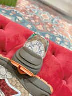 GUCCI RHYTON TRAINER LIGHT GRAY AND SCARLET CALFSKIN