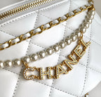 CHANEL WAIST 24 BAG IN WHITE CALFSKIN WITH PEARL CHAIN AND GOLD HARDWARE