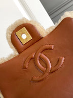 CHANEL 25S FLAP BAG 18 CM IN BEIGE WOOL AND BROWN LAMBSKIN
