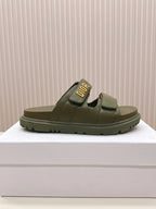 DIOR CLASSIC DOUBLE-STRAP SLIDES 25S IN MOSS GREEN CALFSKIN