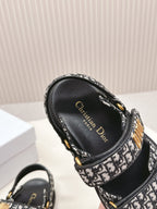 DIOR BACK-STRAP SANDALS 25S IN BLACK FABRIC AND CALFSKIN WITH GOLD HARDWARE