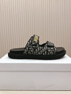 DIOR CLASSIC DOUBLE-STRAP SLIDES 25S IN BLACK FABRIC AND CALFSKIN