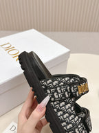 DIOR CLASSIC DOUBLE-STRAP SLIDES 25S IN BLACK FABRIC AND CALFSKIN