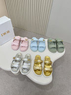 DIOR CLASSIC DOUBLE-STRAP SLIDES 25S IN PALE TEAL GRAY CALFSKIN