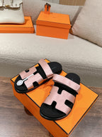 HERMES CHYPRE SANDAL BLACK MIX PASTEL PINK CALFSKIN