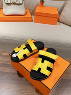 HERMES CHYPRE SANDAL BLACK MIX BRIGHT YELLOW CALFSKIN