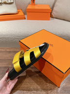 HERMES CHYPRE SANDAL BLACK MIX BRIGHT YELLOW CALFSKIN