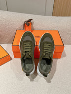 HERMES MAINLAND SNEAKER IN ARMY GREEN SUEDE AND BREATHABLE MESH FABRIC