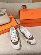HERMES MAINLAND SNEAKER IN PALE GRAY SUEDE AND CARAMEL BROWN BREATHABLE MESH FABRIC