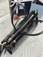 PRADA 25S BONNIE LARGE HANDBAG 38 IN BLACK GLOSSY CALFSKIN GOLD HARDWARE