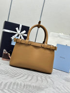 PRADA 25S BUCKLE MEDIUM HANDBAG 28 IN CARAMEL CALFSKIN GOLD HARDWRE