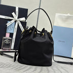 PRADA BUCKET BAG 19 IN BLACK RE-NYLON AND CALFSKIN HANDLE