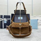 PRADA 25S EXPLORE MEDIUM SHOULDER BAG 30 IN CINNAMON SUEDE WITH FLAP