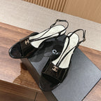 CHANEL high heel 70 sandals black white patent calfskin
