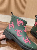 CHANEL RAIN BOOTS GREEN FOREST TPU WITH PINK LOGO
