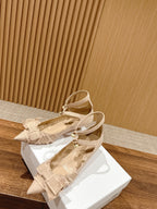 DIOR AABLE HIGH HEEL 25S IN LIGHT BEIGE FABRIC WITH PEARL DETAILING
