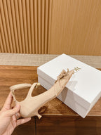 DIOR AABLE HIGH HEEL 25S IN LIGHT BEIGE FABRIC WITH PEARL DETAILING