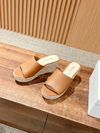 DIOR ATTITUDE WEDGE SLIDE 90MM IN BROWN CALFSKIN NATURAL BEIGE RAFFIA SOLE
